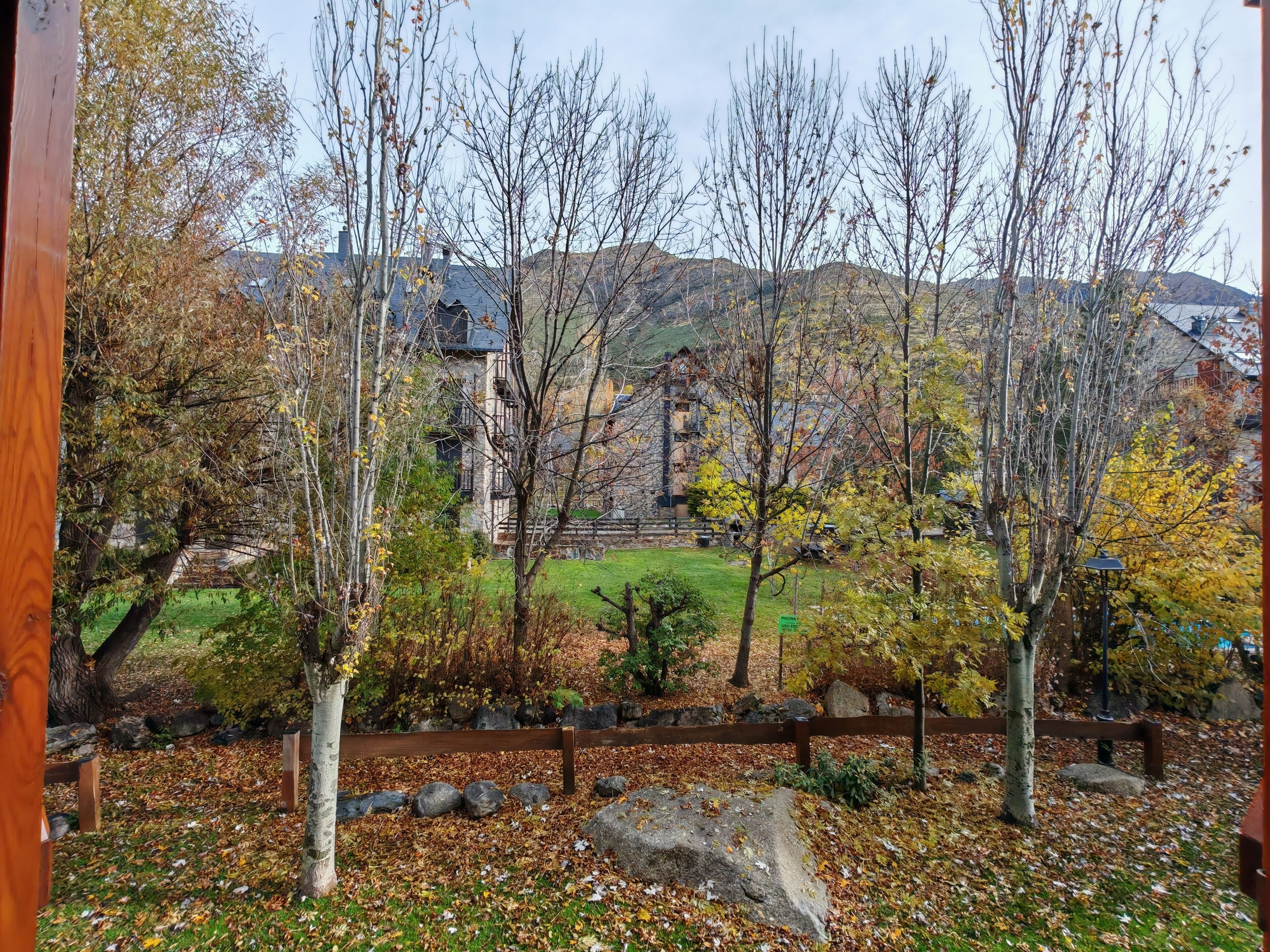 A view of a building with a stone facade, surrounded by trees and a grassy area.