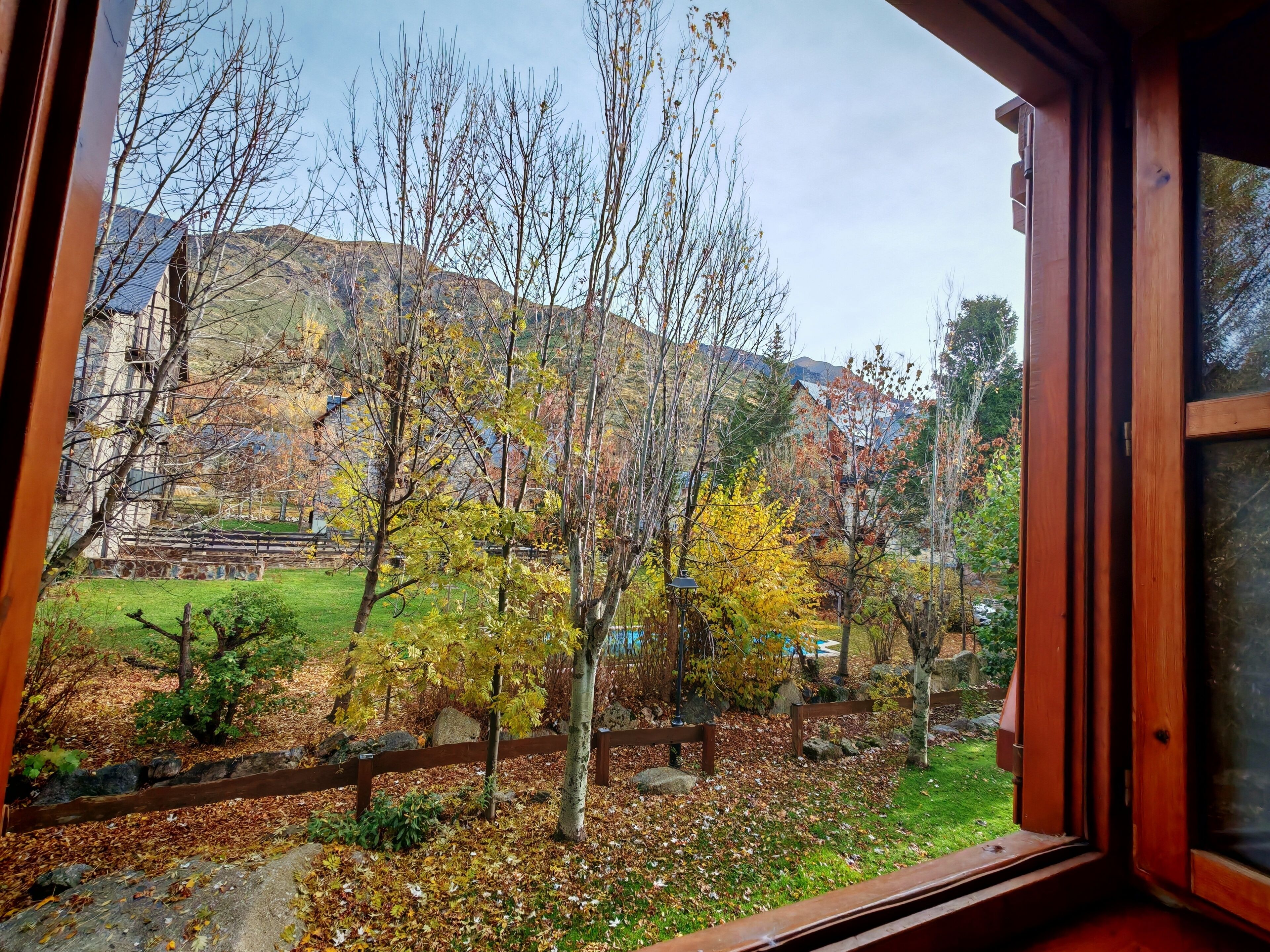 A view through a window of a room with a stone wall, a wooden door, and a view of a garden with trees and a distant building.