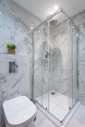 Shower, hair dryer, towels