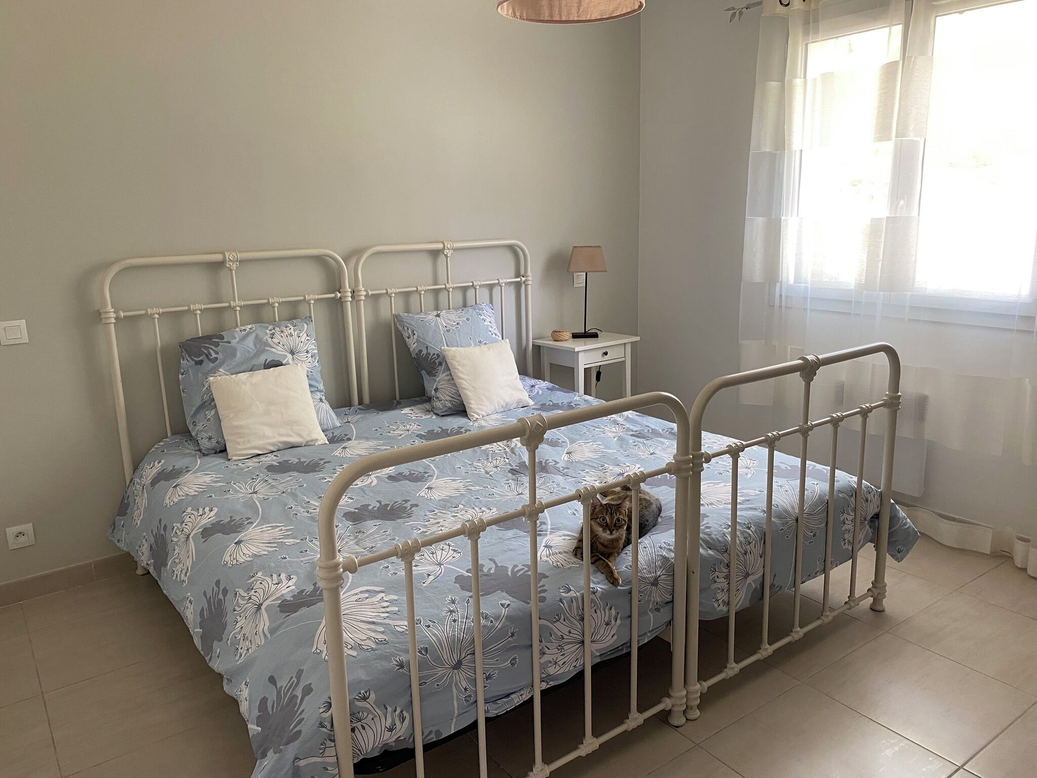 A bedroom with a bed, a nightstand, a lamp, and a window with curtains.