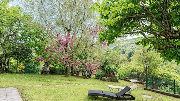 Un jardín con césped, una silla de descanso y un banco de piedra.