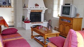 Ein Wohnzimmer mit Kamin, Fernseher und einer Couch.