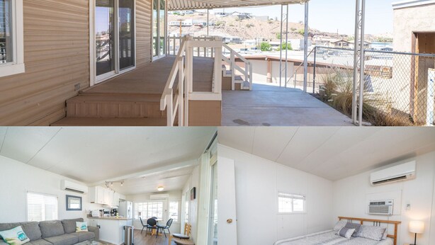 Un apartamento moderno con balcón, sala de estar con sofá y mesa de centro, cocina y dormitorio con cama y mesita de noche.