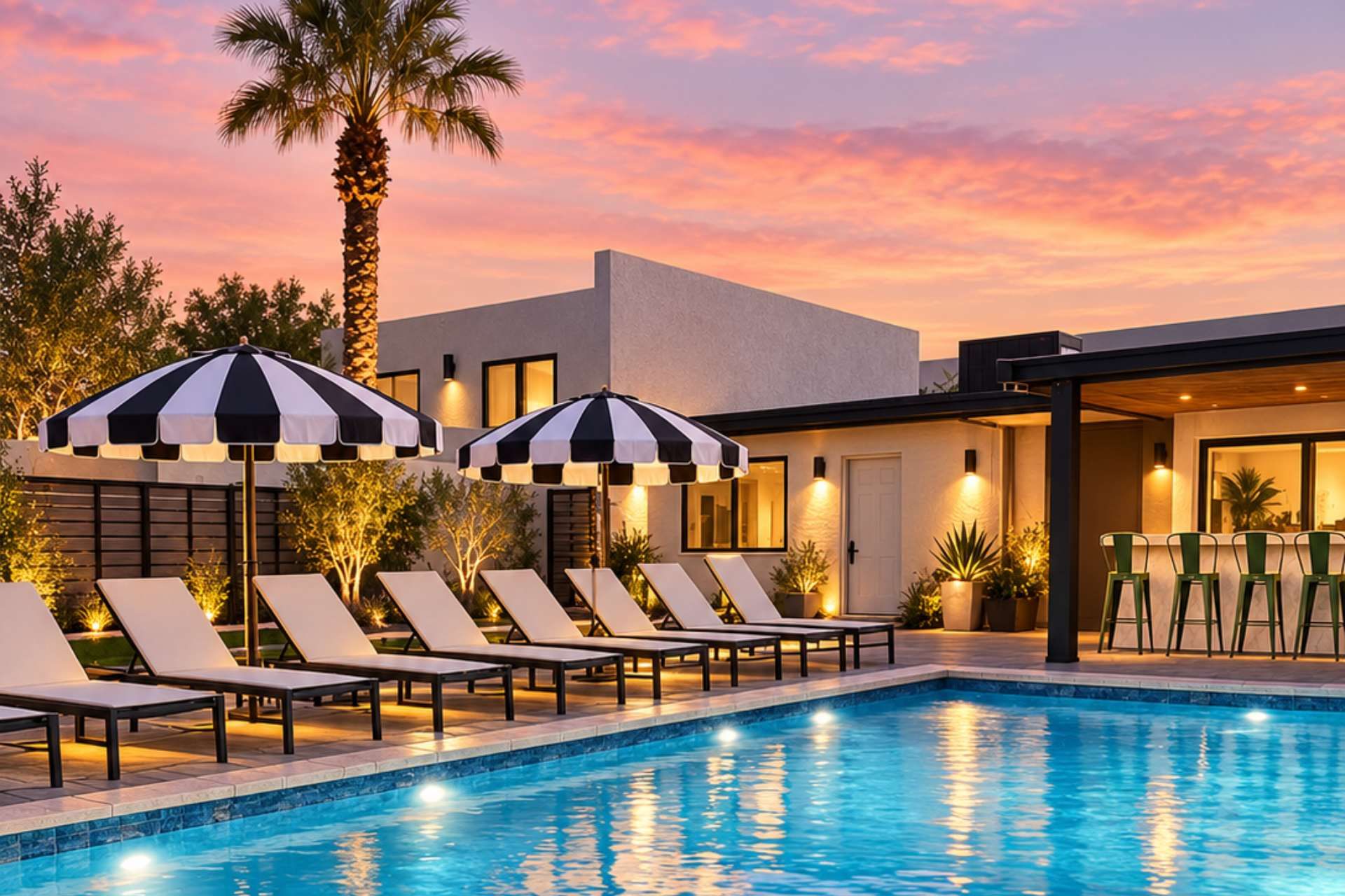Incredible $400k resort-style backyard just added, complete with a pool, sun loungers, cabanas, fire pit, covered bar area, and more!
