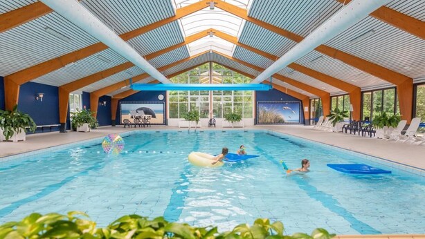 An indoor swimming pool with a high ceiling and wooden beams, surrounded by potted plants and seating areas.