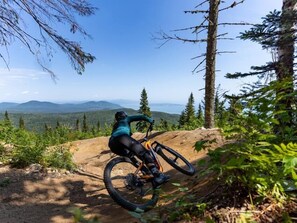 Ein Mountainbiker auf einem unbefestigten Pfad mit schöner Aussicht auf Berge und Bäume.