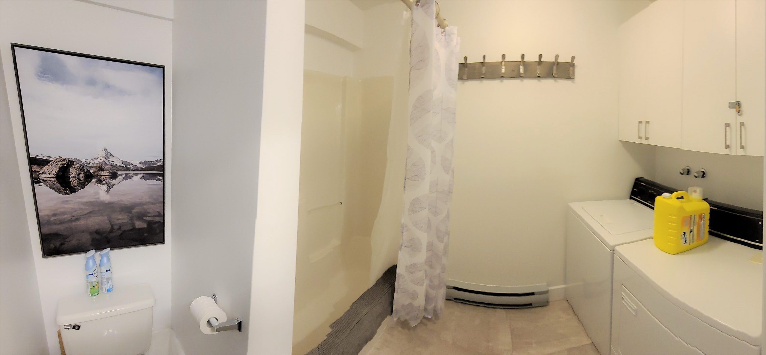 Une salle de bain équipée de toilettes, d’un rideau de douche, d’un porte-serviettes, d’un radiateur et d’un lave-linge.