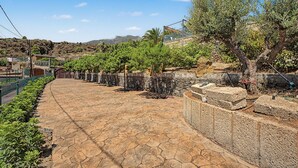 A paved pathway lined with trees and a stone wall on one side. - 'Finca Verónica' with Sea View, Wi-Fi and Air Conditioning (Candelaria)
