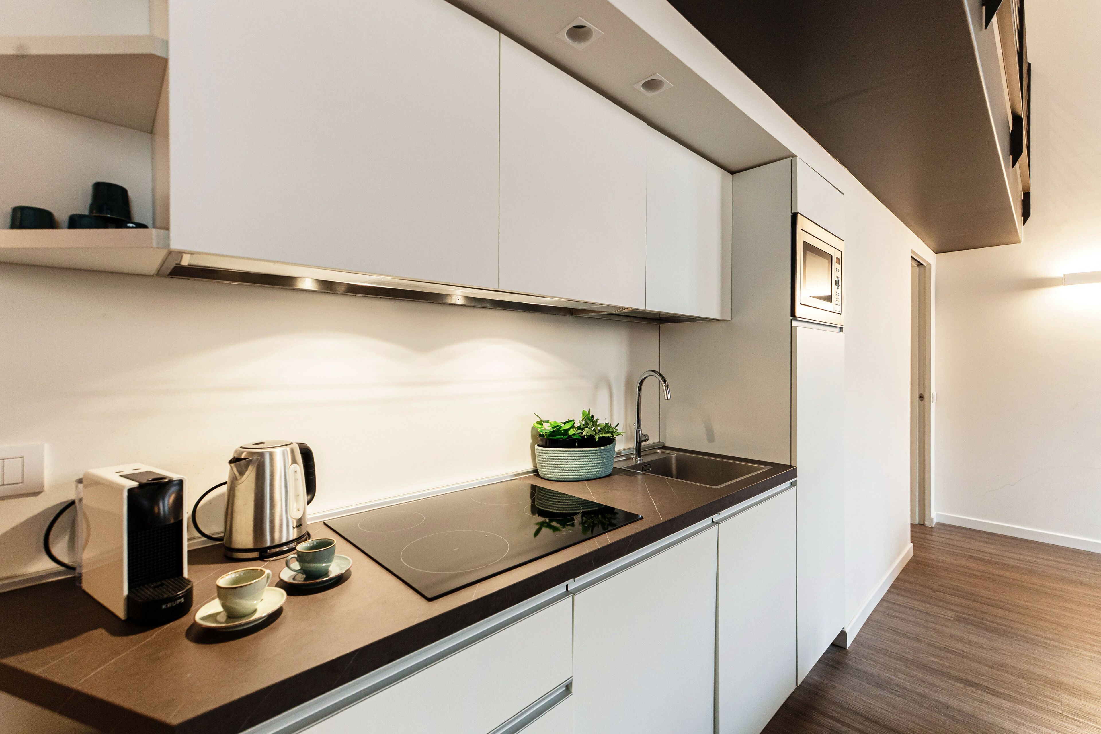 A modern kitchen with a black countertop, stainless steel appliances, and a small potted plant.