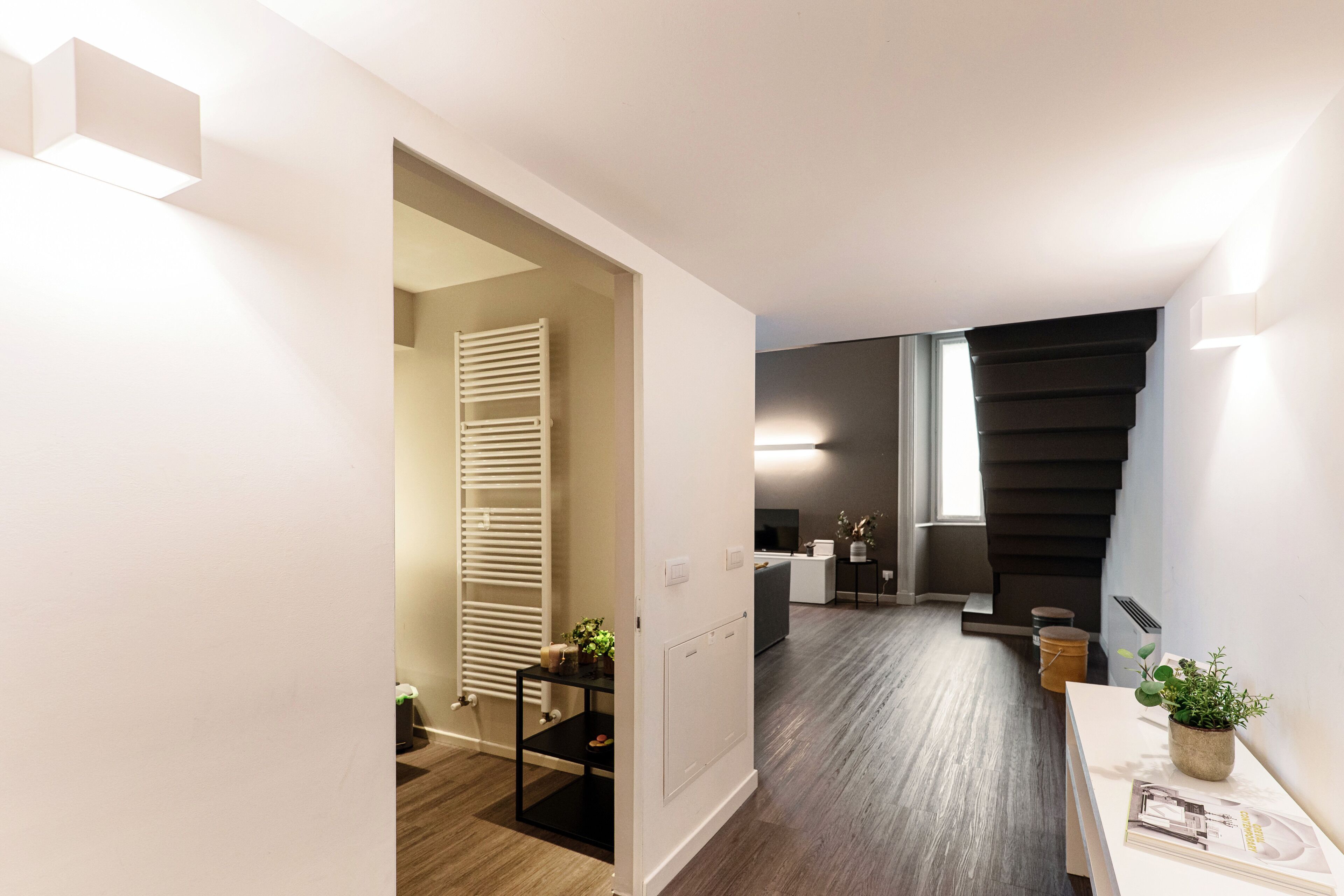 A modern interior with a wooden floor, a white door, a black-framed window, and a small table with a plant.
