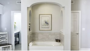 Jetted bath, hair dryer, towels, soap