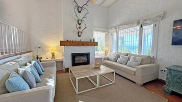 Una televisión, una chimenea