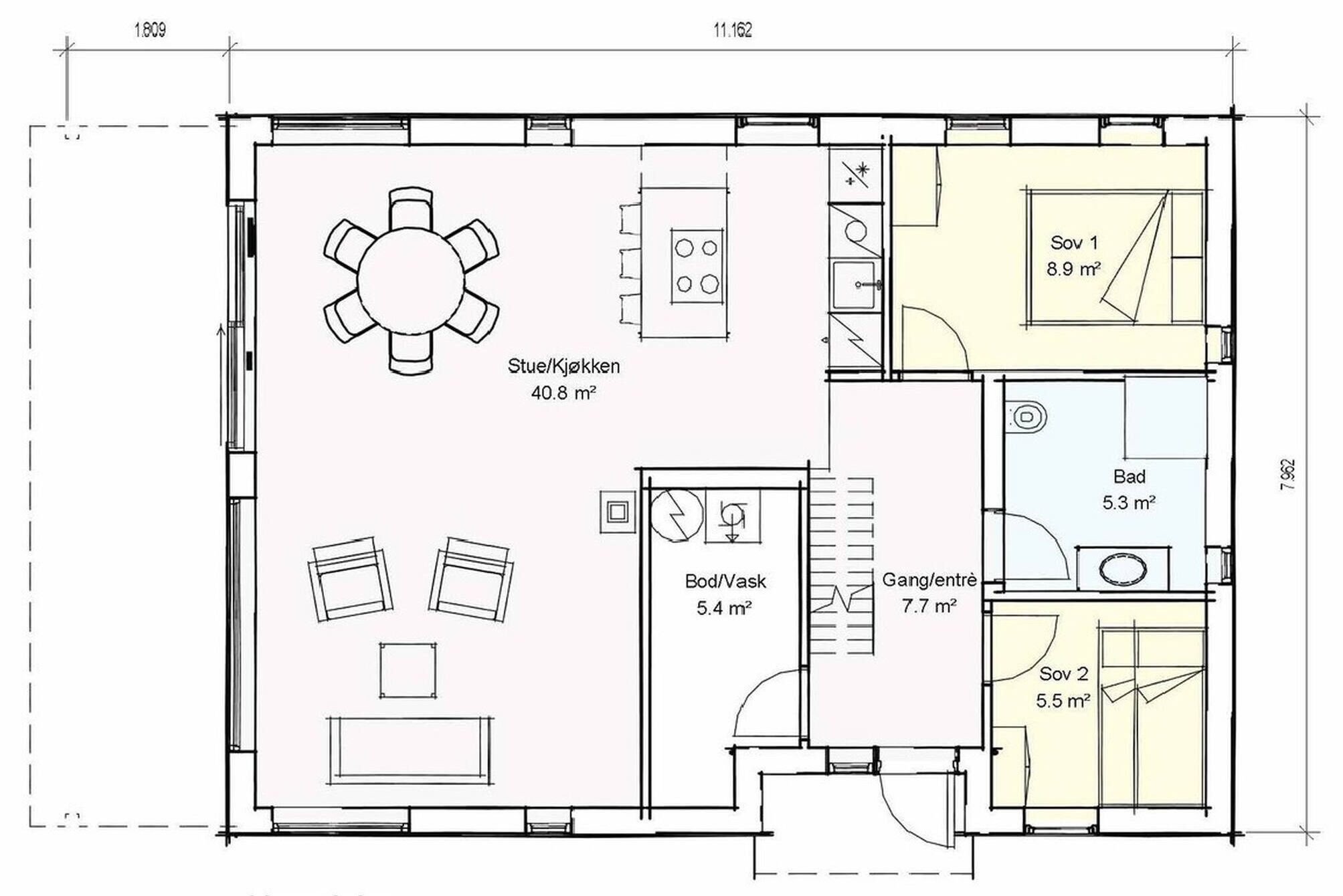 Un plan d’étage comprenant un coin repas, une cuisine, une salle de bain et deux chambres.