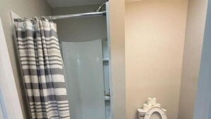 A bathroom with a shower, toilet, and a toilet paper holder.