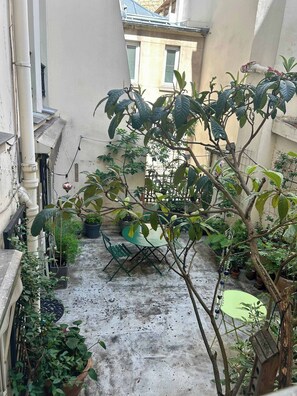 Une petite cour étroite avec une table et des chaises vertes, entourée de plantes en pot et d’un petit arbre.