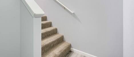A staircase with a white handrail and carpeted steps against a light grey wall.