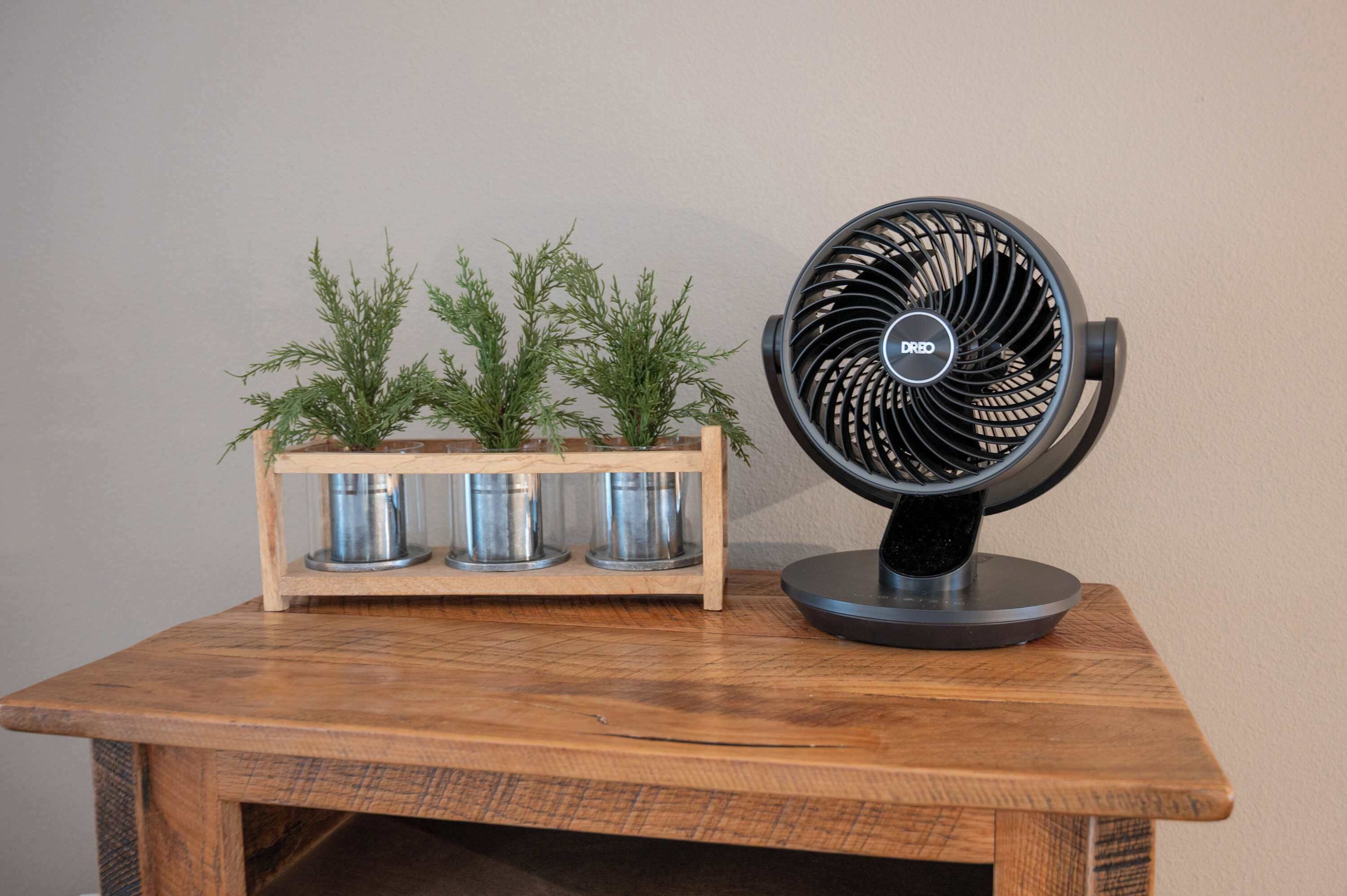 A wooden table with a black fan and a metal planter with green plants.