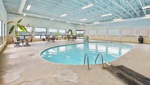 An indoor swimming pool with a clear view of the sky through the ceiling, surrounded by lounge chairs and potted plants. - Lakescape at The Getaways (Kimberling City)