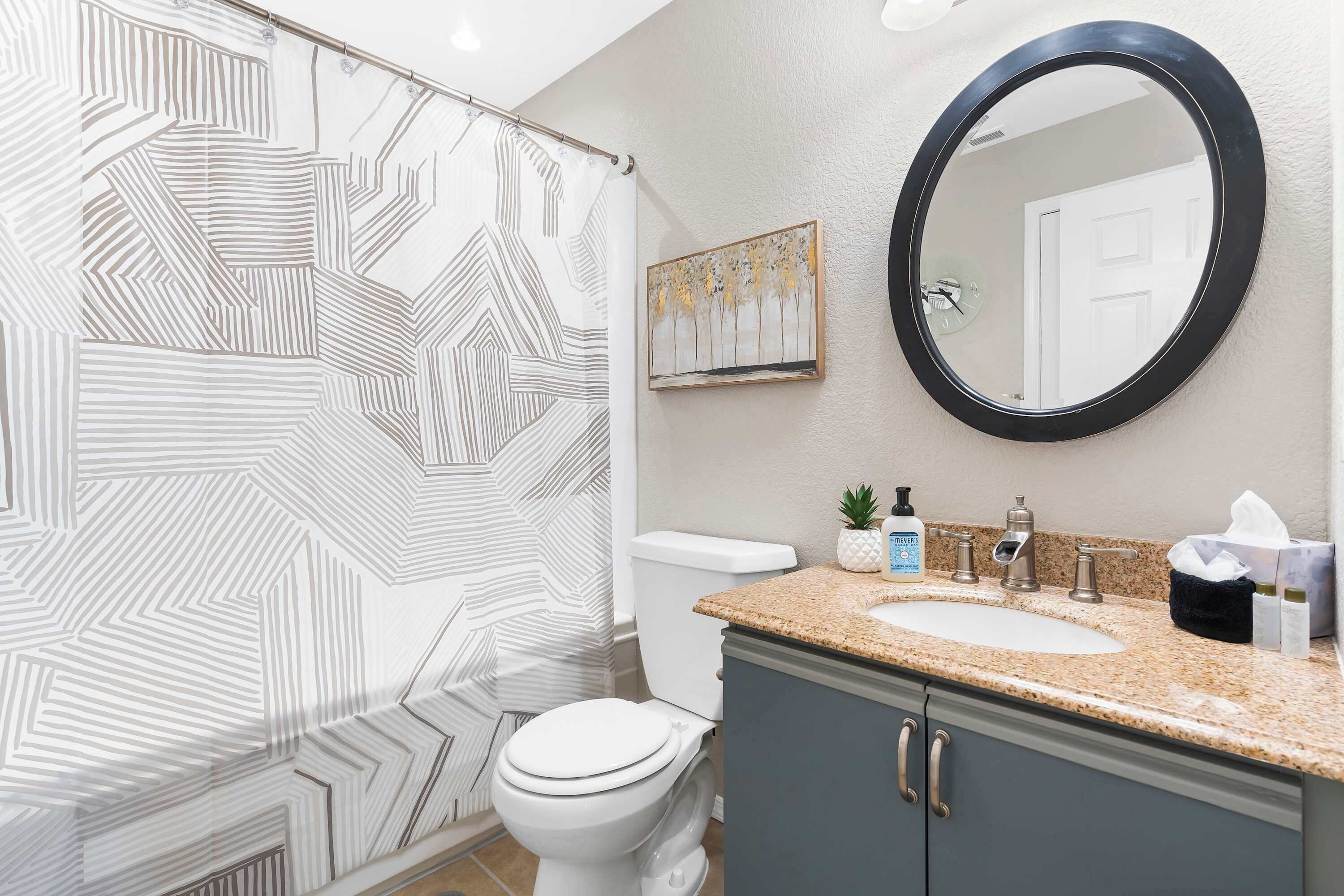 A bathroom with a patterned shower curtain, a toilet, a sink with a granite countertop, a mirror, and a framed artwork on the wall.