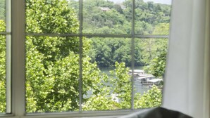 A window with a view of a lush green landscape and a body of water. - Lakeside Bliss Retreat 2 BDR (Branson)