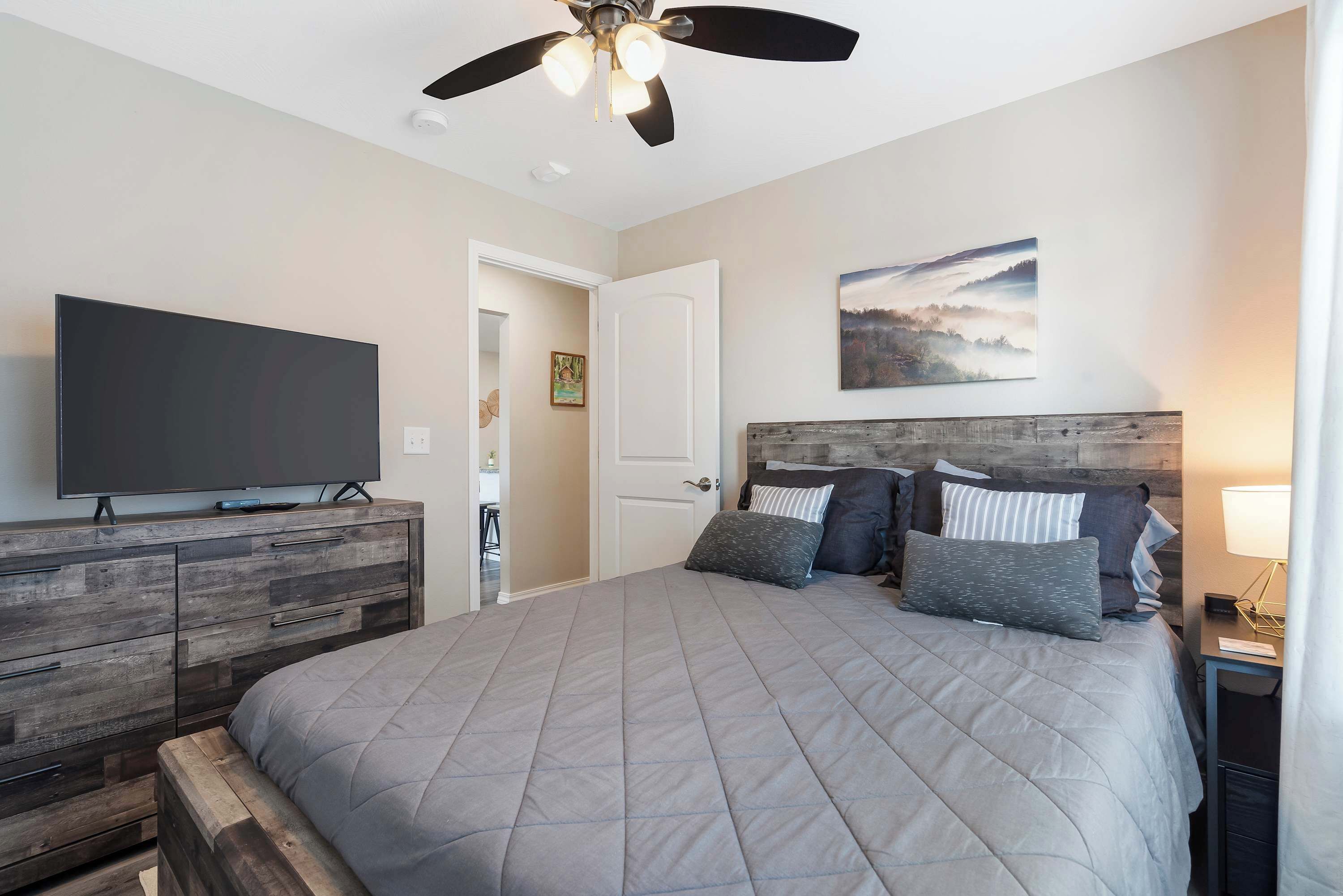 A bedroom with a bed, a TV, a wooden dresser, a ceiling fan, a door, and a painting on the wall.