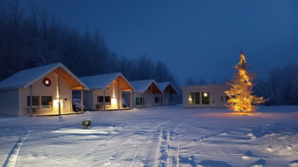 A row of cabins with a snow-covered ground and a lit Christmas tree. - Åtte Årstider Lodge (South Varanger)