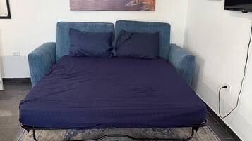 A bedroom with a bed, a wall-mounted air conditioner, a framed picture, a television, and a patterned rug.