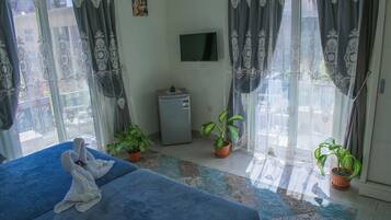 A hotel room with a bed, a TV, two potted plants, and a small refrigerator.