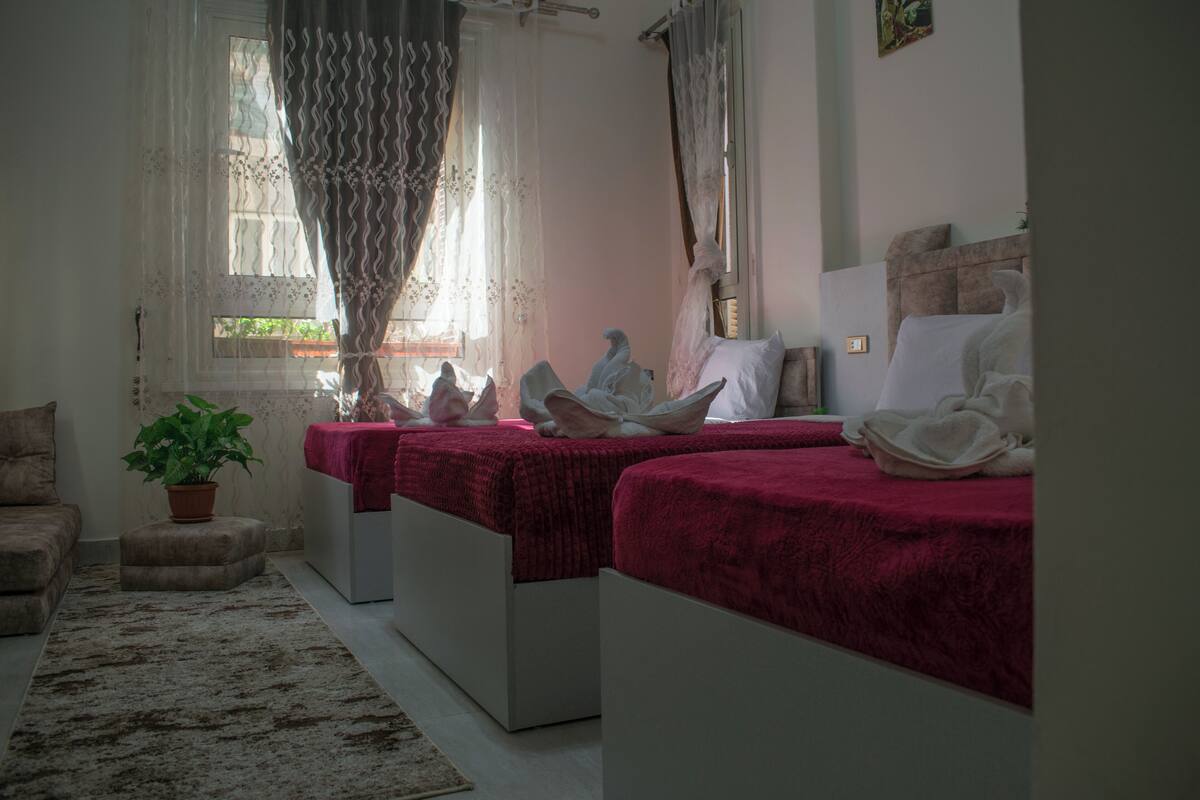 A bedroom with two beds, a potted plant, a sofa, and a window with curtains.