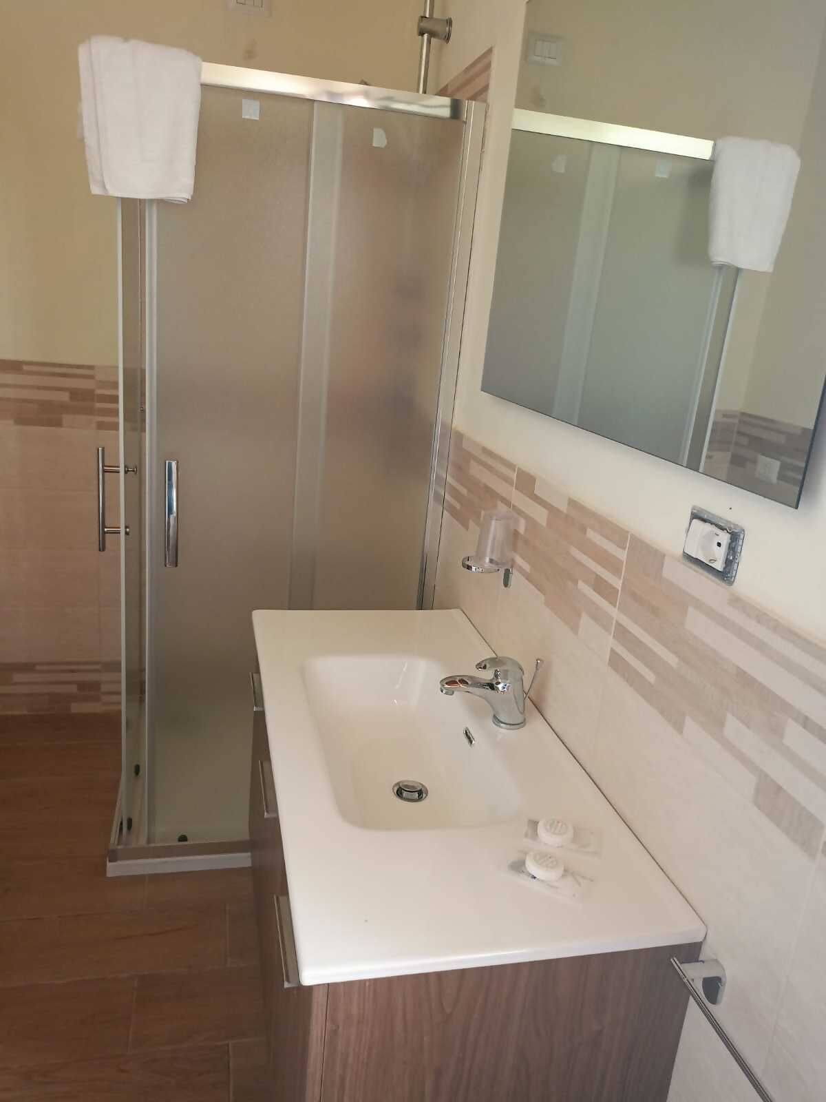 A bathroom with a glass-enclosed shower, a white sink with a mirror above it, and a towel rack.