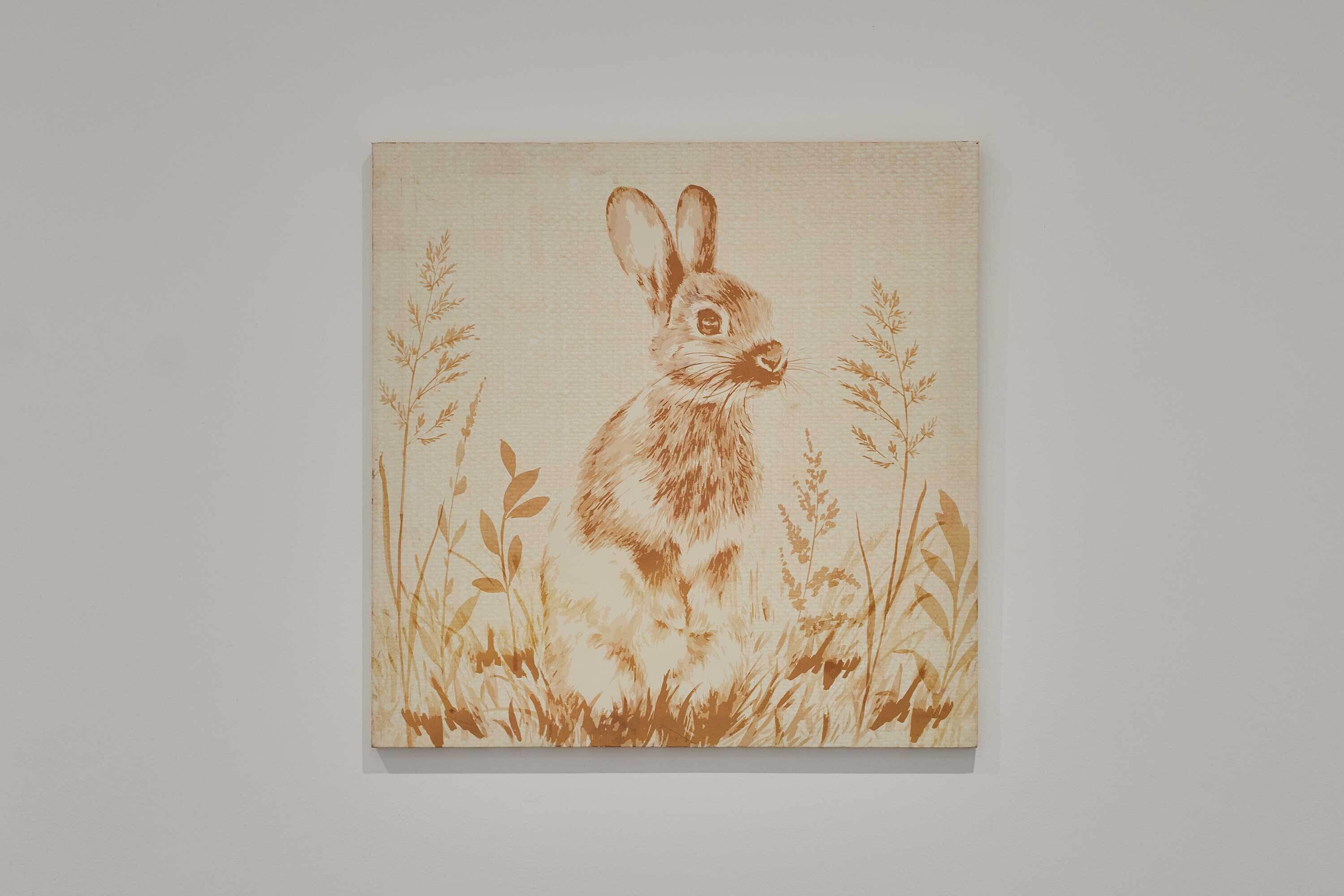 A framed artwork of a rabbit in a field.