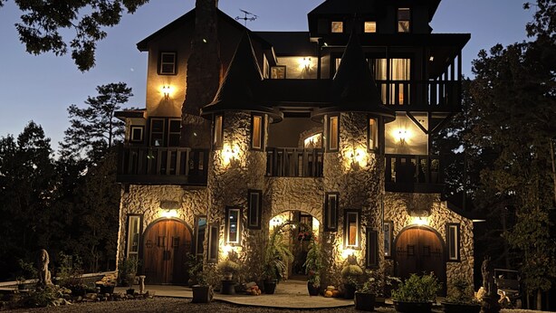 A large, multi-story stone house with multiple windows and balconies, illuminated by exterior lights.