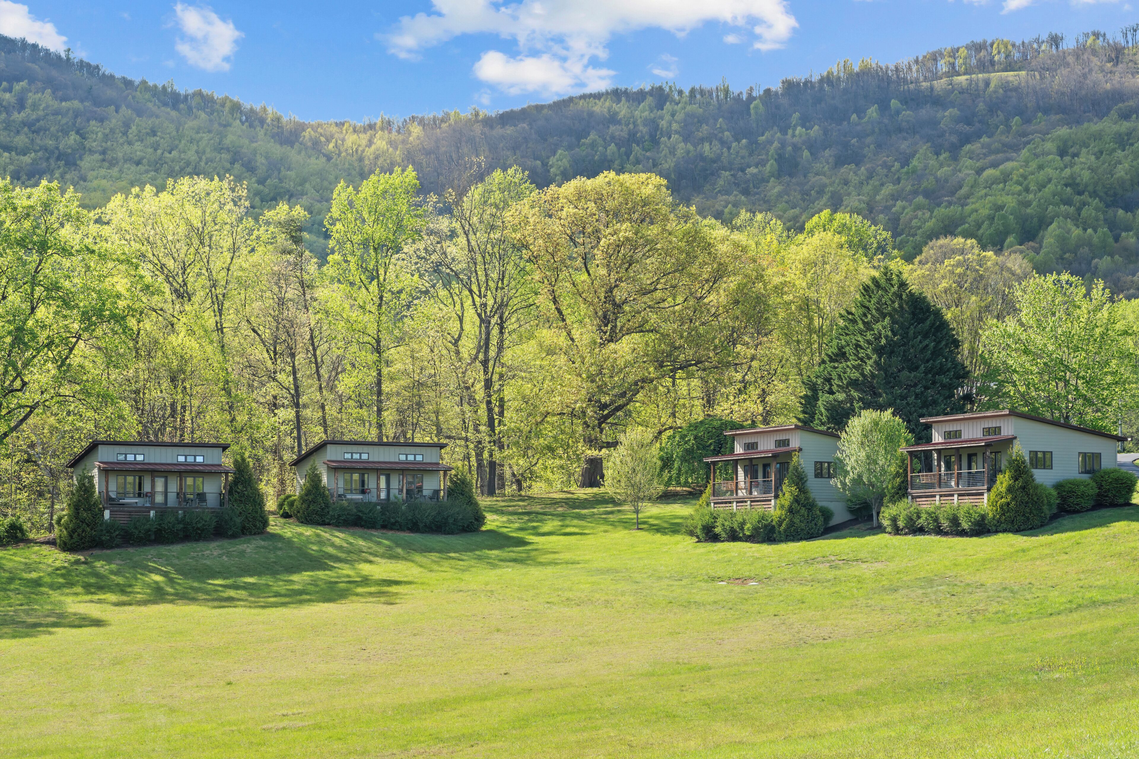 A property with three cabins, each with a deck and surrounded by lush greenery and trees.