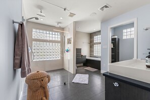 Shower, hair dryer, towels, soap