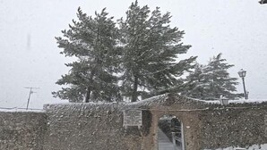 A stone archway leading to a staircase, surrounded by snow-covered ground and trees. - tartufo hotel (Colliano)