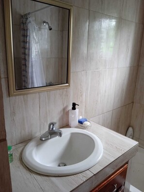 Hair dryer, towels, soap, toilet paper