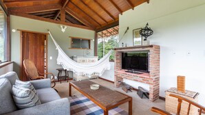 A cozy living area with a hammock, a brick fireplace, a television, and a sofa.