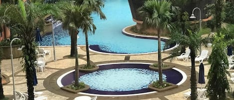 Outdoor pool, pool umbrellas