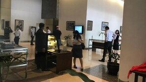 A lobby with a reception desk, framed artwork on the walls, and potted plants.