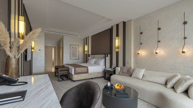 A modern hotel room with a bed, a sofa, a desk, and a coffee table.