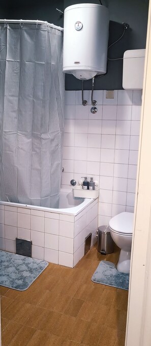 Hair dryer, towels, soap, shampoo