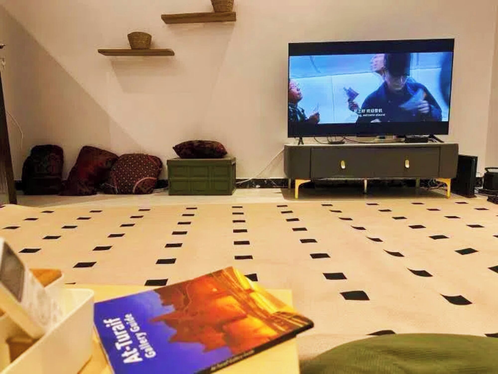 Olohuoneessa on kuvioitu matto, televisio, sohva ja pieni pöytä, jonka päällä on lehti.