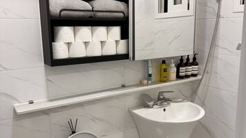 Shower, eco-friendly toiletries, hair dryer, towels