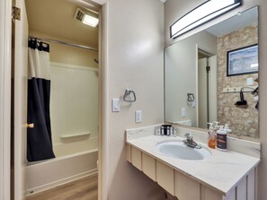 Hair dryer, towels, shampoo, toilet paper