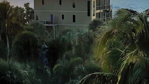 Um edifício de dois andares com telhado azul, cercado por palmeiras e com vista para o oceano.