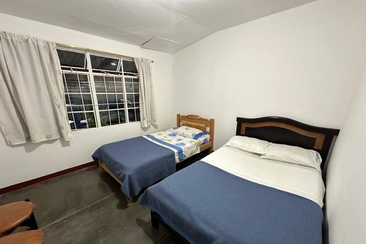 A room with two single beds, a wooden headboard, a window with curtains, and a small wooden table.