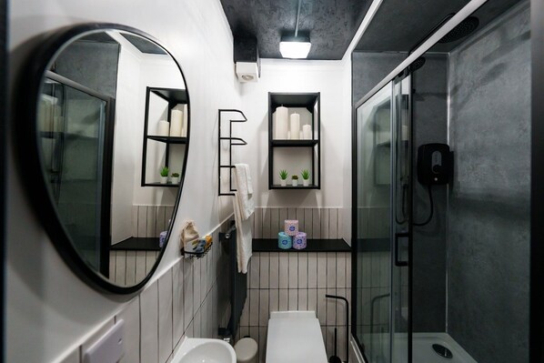 Shower, hair dryer, towels