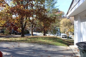Une rue résidentielle bordée de maisons, d’arbres et de voitures garées.