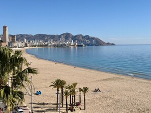 A beach with palm trees, a city skyline in the background, and a clear blue sky.