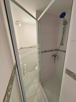 Douche, séchoir à cheveux, serviettes fournies, savon